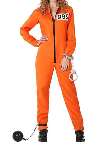 SANSIWU Damen Halloween Cosplay Gefängniskostüm Buchstabendruck Langarm Knopf Orange Gefängnis Krimineller Overall für Erwachsene (B-Schwarz, M) von SANSIWU