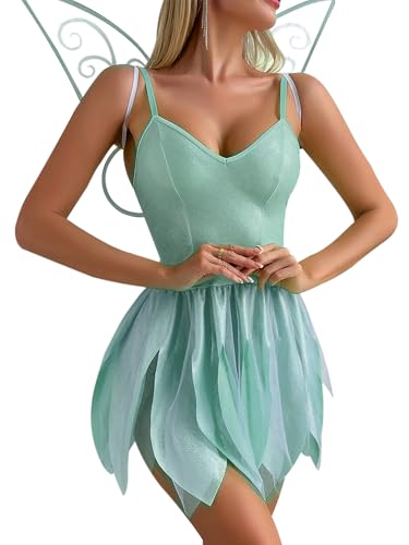 SANSIWU Damen Halloween Creative Tinkerbell Cosplay Grün Dress Up Wald Märchen Pailletten Tube Tops Minikleid mit Flügeln (H-Blue, XL) von SANSIWU