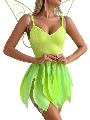 SANSIWU Damen Halloween Creative Tinkerbell Cosplay Grün Dress Up Wald Märchen Pailletten Tube Tops Minikleid mit Flügeln (H-Grün, M) von SANSIWU