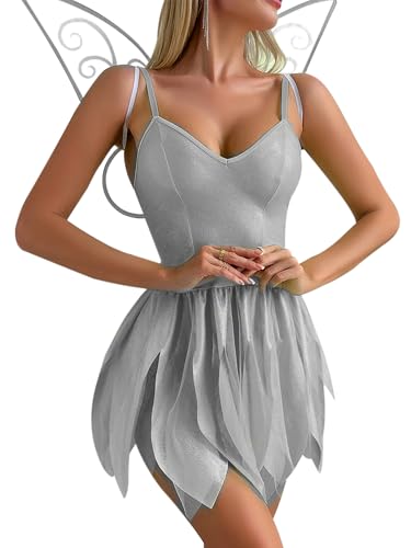 SANSIWU Damen Halloween Kreative Tinkerbell Cosplay Grün Dress Up Wald Märchen Pailletten Tube Tops Minikleid mit Flügeln (H-White, L) von SANSIWU