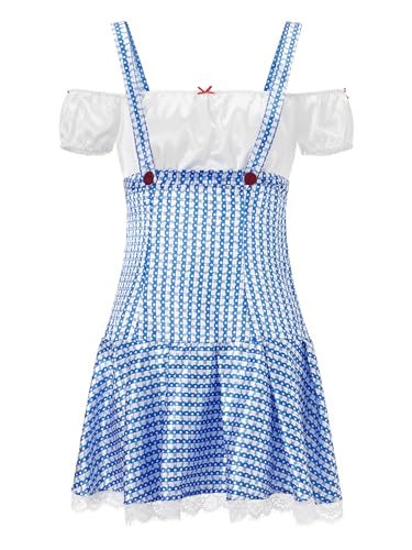 SANSIWU Damen Halloween Sweetie Quadratischer Ausschnitt Kostüm Puff-Kurzarm Gingham Minikleid Plaid Spitzensaum Tie Up Korsett A-Linie Kleid (C-Blue, M) von SANSIWU