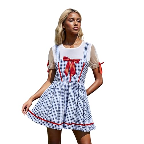 SANSIWU Damen Halloween Sweetie Square Neck Kostüm Puff Kurzarm Gingham Minikleid Plaid Spitze Saum Tie Up Korsett A-Linie Kleid (E-Blue, 12 Jahre) von SANSIWU