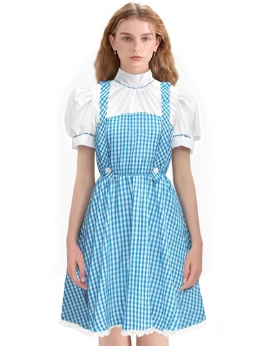 SANSIWU Damen Halloween Sweetie Square Neck Kostüm Puff-Kurzarm Gingham Minikleid Plaid Spitze Saum Tie Up Korsett A-Linie Kleid (F-Blue, S) von SANSIWU