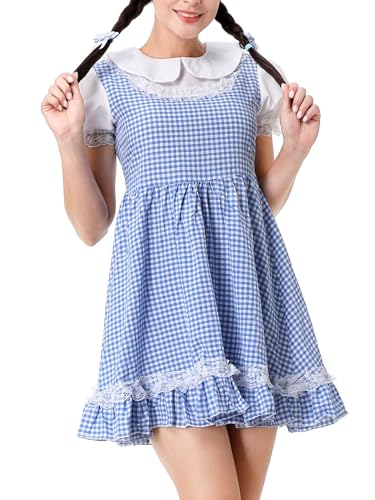 SANSIWU Damen Halloween Sweetie Square Neck Kostüm Puff-Kurzarm Gingham Minikleid Plaid Spitze Saum Tie Up Korsett A-Linie Kleid (G-Blue, S) von SANSIWU