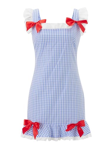 SANSIWU Damen Halloween Sweetie quadratischer Ausschnitt Kostüm Puff-Kurzarm Gingham Minikleid Plaid Spitzensaum Tie Up Korsett A-Linie Kleid (D-Blue, M) von SANSIWU