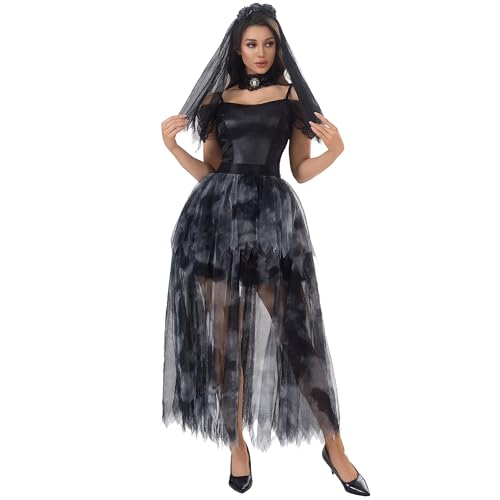 SANSIWU Damen Halloween Terrorist Braut Kostüm Horror Zombie Schulterfrei Puff Langarm Kleid Gothic Viktorianisch Weiß Blutiger Schleier Set (B-Black, M) von SANSIWU