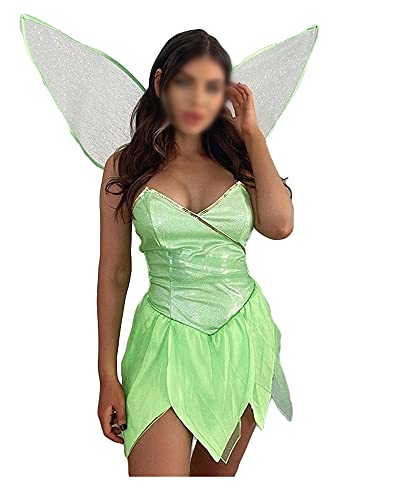 SANSIWU Damen Halloween Waldfee Tinkerbell Cosplay Kleid Kostüm Paillettenkleid Outfits Halloween Elfenkleid mit Flügeln (A-Green, L) von SANSIWU