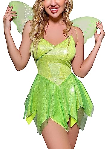 SANSIWU Damen Halloween Waldfee Tinkerbell Cosplay Kleid Kostüm Paillettenkleid Outfits Halloween Elfenkleid mit Flügeln (D-Green, L) von SANSIWU