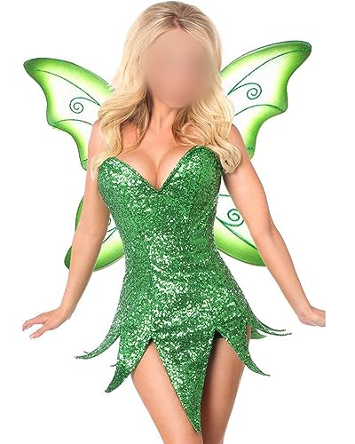 SANSIWU Damen Halloween Waldfee Tinkerbell Cosplay Kleid Kostüm Paillettenkleid Outfits Halloween Elfenkleid mit Flügeln (F-Green, XL) von SANSIWU