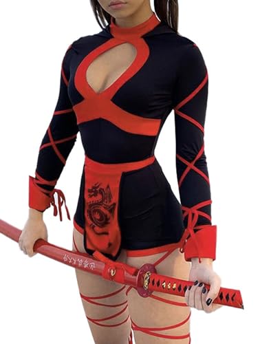 SANSIWU Damen Kurzer Drachen Ninja Strampler Kostüm Anime Cosplay Erwachsene (C-Black2, L) von SANSIWU