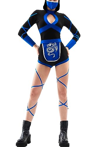 SANSIWU Damen Kurzer Drachen Ninja Strampler Kostüm Anime Cosplay Erwachsene (Standard, XXL, A-Blau1) von SANSIWU