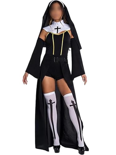 SANSIWU Damen Nonne Kostüm Verkleidung Cosplay Halloween Party Outfit für Erwachsene Religiös Gothic Karneval Cosplay Outfit (Schwarz, L) von SANSIWU