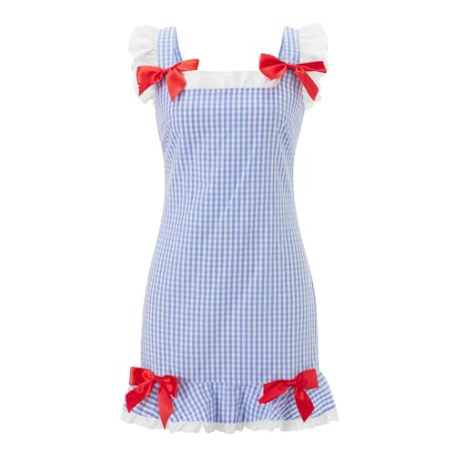 SANSIWU Damen Sweetie Cosplay Kostüm Kurzarm Quadratischer Ausschnitt Spitze Patchwork Plaid Minikleid Halloween Mottoparty Outfits (Blau, S) von SANSIWU