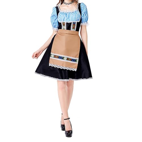 SANSIWU Damenkostüm für Halloween, Weihnachten, kariert, Spitzenbesatz, Cosplay-Kostüm, deutsches Oktoberfest, Dienstmädchen, kurzärmelig, Kleider und Schürzen, 2-teiliges Set (A-Blau, XL) von SANSIWU