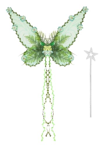 SANSIWU Feenflügel für Damen, Erwachsene, Mutter, Natur, Kostüm, Schmetterlingsflügel, Renaissance-Kostüm, Halloween-Zubehör (A-Grün 1, 2 Stück) von SANSIWU
