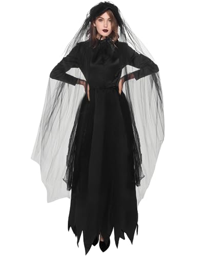 SANSIWU Frauen Gruselige Halloween Hexenkostüme Deluxe Geist Braut Set Mittelalterliche Hexe Kleider für Cosplay Party Outfits (A-Schwarz 2, M) von SANSIWU