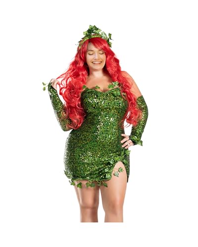 SANSIWU Frauen Halloween Deluxe Grüner Poison Ivy Cosplay Kostüm gefälschte Blätter Pailletten Fee Kleid mit Handschuhen Set (A-Grün, M) von SANSIWU