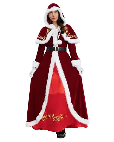 SANSIWU Frauen Weihnachtskostüm Santa Cosplay Kleid Plüsch Trim Patchwork Kapuze Langarm Langes Kleid Motto Party Show Kostüm mit Gürtel (B-Rot, M) von SANSIWU