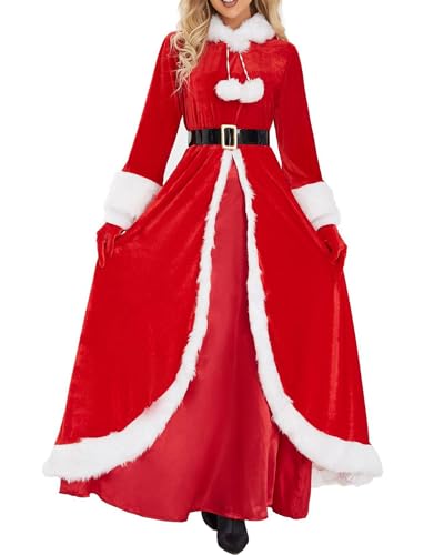 SANSIWU Frauen Weihnachtskostüm Santa Cosplay Kleid Plüschbesatz Patchwork Kapuze Langarm Langes Kleid Motto Party Show Kostüm mit Gürtel (Q-Rot, L) von SANSIWU