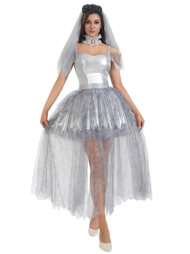 SANSIWU Geisterkostüm für Damen, Erwachsenenkostüm, Zombie, Netzstoff, Brautkleid, Halloween, Cosplay und Schal (Grau, L) von SANSIWU