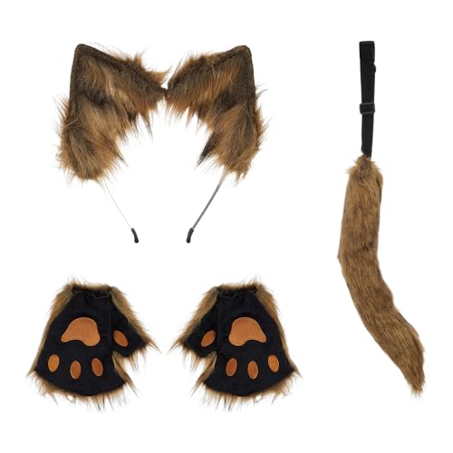 SANSIWU Halloween Fashion Kunstpelz Katzenohren Haarspange Party Kostüm Ornament Pelzwolf Fuchsschwanz Glocke Leder Hals Chocker Cosplay Spielzeug Set (B-Grasgelbe Handschuhe, Einheitsgröße) von SANSIWU