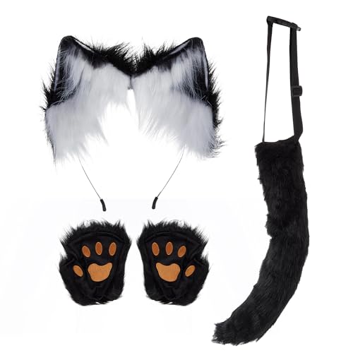SANSIWU Halloween Fashion Kunstpelz Katzenohren Haarspange Party Kostüm Ornament Pelzwolf Fuchsschwanz Glocke Leder Hals Chocker Cosplay Spielzeug-Set (B-Schwarz Weiße Handschuhe, Einheitsgröße) von SANSIWU