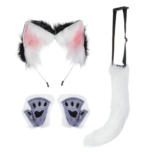 SANSIWU Halloween Fashion Kunstpelz Katzenohren Haarspange Party Kostüm Ornament Pelzwolf Fuchsschwanz Glocke Leder Hals Chocker Cosplay Spielzeug-Set (B-Weiße Handschuhe, Einheitsgröße) von SANSIWU