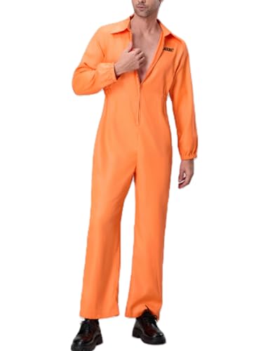 SANSIWU Halloween-Gefängnis-Overall für Erwachsene, für Damen und Herren, Orange, Gefängnis, Langarm, Reißverschluss, Overall, Gefängnisverbrecher, Cosplay-Kostüm (A-Orange, Herren, S) von SANSIWU