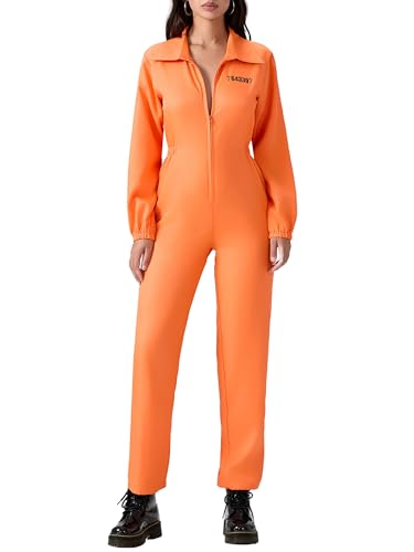 SANSIWU Halloween-Gefängnis-Overall für Erwachsene, für Damen und Herren, Orange, Gefängnis, langärmelig, Reißverschluss, Overall, Gefängnisverbrecher, Cosplay-Kostüm (Damen, M, A-Orange) von SANSIWU