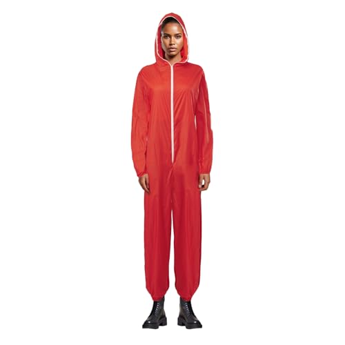 SANSIWU Halloween-Jumpsuit für Damen und Herren, mit Kapuze, Reißverschluss, lange Ärmel, Overall, Paare, Halloween, Cosplay, Kostüm, Clubwear (rot, Damen, M) von SANSIWU