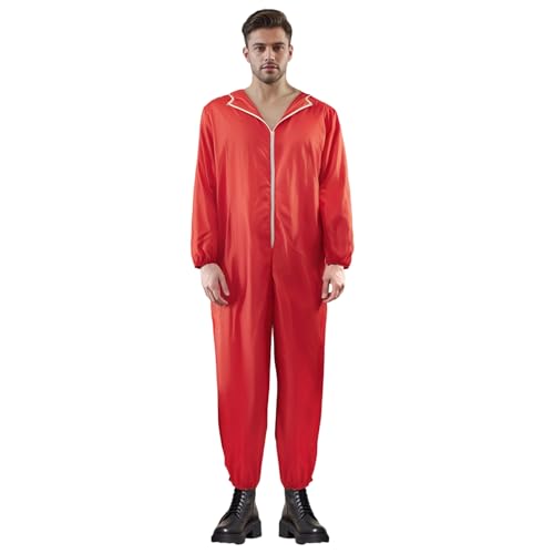 SANSIWU Halloween-Jumpsuit für Damen und Herren, mit Kapuze, Reißverschluss, lange Ärmel, Overall, Paare, Halloween, Cosplay, Kostüm, Clubwear (rot, Herren, L) von SANSIWU