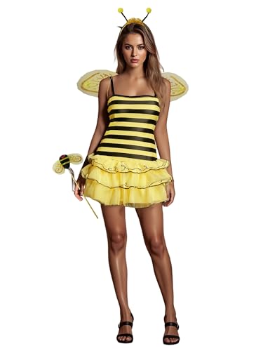 SANSIWU Halloween-Kostüm für Damen, Insekten-Kostüm, niedliche Biene, Marienkäfer-Outfits, Kleid und Flügel, Stirnband-Set für Cosplay, Party-Outfits (A-Gelb, L) von SANSIWU