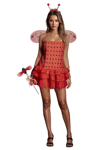 SANSIWU Halloween-Kostüm für Damen, Insekten-Kostüm, niedliche Biene, Marienkäfer-Outfits, Kleid und Flügel, Stirnband-Set für Cosplay, Party-Outfits (A-Red, L) von SANSIWU