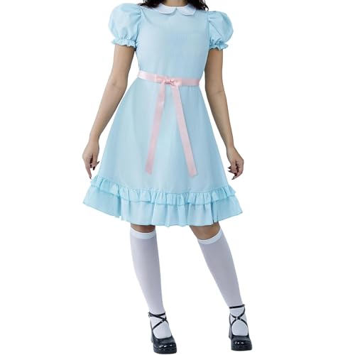SANSIWU Halloween-Kostüm für Damen, dekorative Schleife, gerüschter Rand, Puppenkragen, kurzärmelig, Cosplay-Kleid, Mädchen, Karnevals-Outfit (Blau, S) von SANSIWU