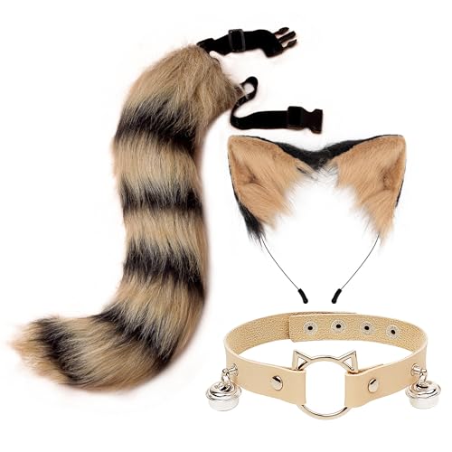 SANSIWU Halloween-Mode-Kunstfell, Katzenohren, Haarspange, Party-Kostüm, Ornament, pelziger Wolf, Fuchsschwanz, Glocke, Leder, Halsband, Cosplay-Spielzeug-Set (A-Gelb, 50 x 11 cm) von SANSIWU