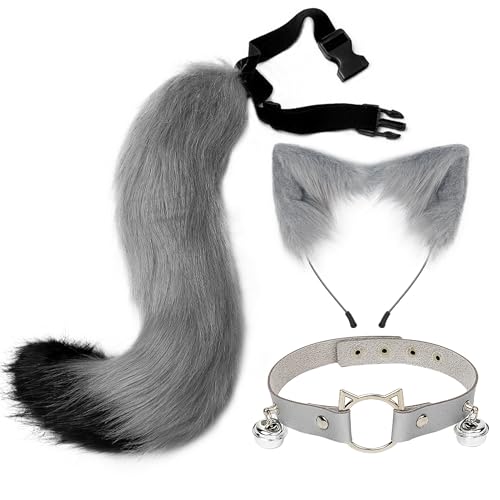 SANSIWU Halloween-Mode-Kunstfell, Katzenohren, Haarspange, Party-Kostüm, Ornament, pelziger Wolf, Fuchsschwanz, Glocke, Leder, Halsband, Cosplay-Spielzeug-Set (A-Grau, 50 x 11 cm) von SANSIWU