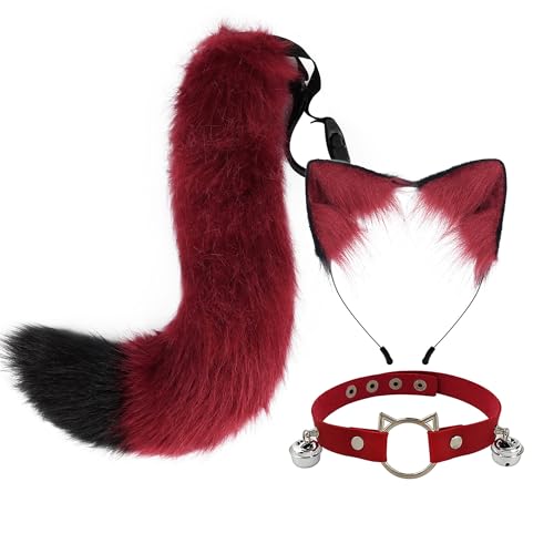 SANSIWU Halloween-Mode-Kunstfell, Katzenohren, Haarspange, Party-Kostüm, Ornament, pelziger Wolf, Fuchsschwanz, Glocke, Leder, Halsband, Cosplay-Spielzeug-Set (A-Rot, 50 x 11 cm) von SANSIWU