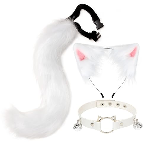 SANSIWU Halloween-Mode-Kunstfell, Katzenohren, Haarspange, Party-Kostüm, Ornament, pelziger Wolf, Fuchsschwanz, Glocke, Leder, Halsband, Cosplay-Spielzeug-Set (A-Weiß, 50 x 11 cm) von SANSIWU