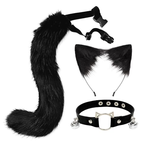SANSIWU Halloween-Mode-Kunstfell, Katzenohren, Haarspange, Party-Kostüm, Ornament, pelziger Wolf, Fuchsschwanz, Glocke, Lederhalsband, Cosplay-Spielzeug-Set (A-Schwarz, 50 x 11 cm) von SANSIWU