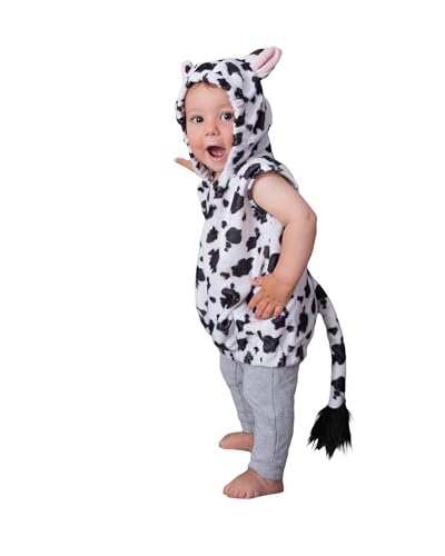 SANSIWU Halloween-Tierkostüm für Kleinkinder, niedliches Kuh, Lamm, Hase, Wal, Tier-Cosplay-Kostüm, Kapuzen-Strampler, Overall (A-Kuh, 7-8 Jahre) von SANSIWU
