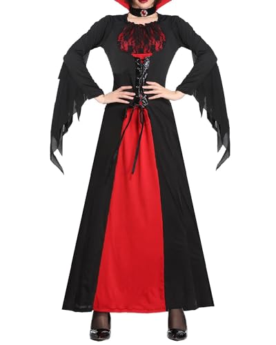 SANSIWU Halloween-Vampir-Kostüme für Damen, Deluxe-Set, mittelalterliche Vampir-Hexenkleider, Cosplay, Party-Outfits (A-Schwarz Rot, M) von SANSIWU
