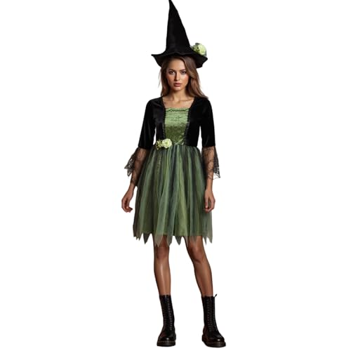 SANSIWU Hexen-Cosplay-Kostüm für Damen, Spitze, ausgestellt, langärmelig, Kreuzbindung, kurzes A-Linien-Kleid mit Hut, Outfits, Streetwear (Grün, S) von SANSIWU