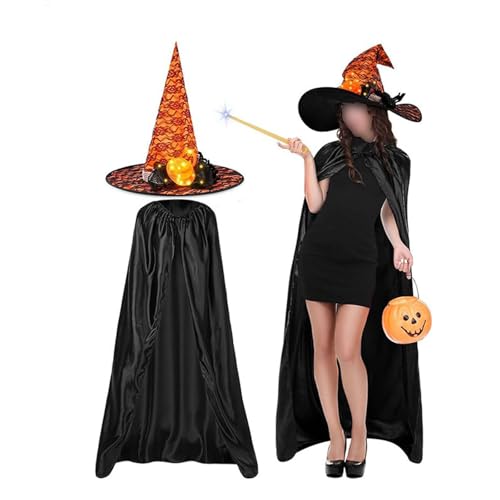 SANSIWU Hexenkostüm-Set für Damen, volle Länge, Zauberer-Vampir-Umhang + beleuchtete Spitze, Blume, Hexenhut, Gothic-Cosplay-Sets (Orange, Einheitsgröße) von SANSIWU