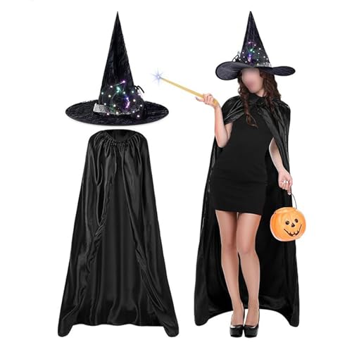 SANSIWU Hexenkostüm-Set für Damen, volle Länge, Zauberer-Vampir-Umhang + beleuchtete Spitze, Blume, Hexenhut, Gothic-Cosplay-Sets (Schwarz, Einheitsgröße) von SANSIWU