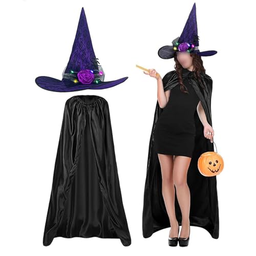 SANSIWU Hexenkostüm-Set für Damen, volle Länge, Zauberer-Vampir-Umhang + beleuchtete Spitze, Blume, Hexenhut, Gothic-Cosplay-Sets (lila, Einheitsgröße) von SANSIWU