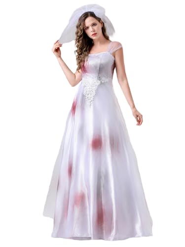 SANSIWU Leichenbraut-Kostüm für Damen, Halloween, Zombie-Braut, zerrissenes Weiß, Hochzeitskostüm für Erwachsene (Weiß, Größe M) von SANSIWU