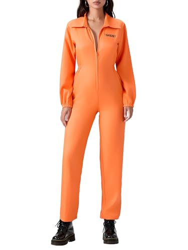 SANSIWU Oranger Gefängnis-Overall für Erwachsene, Fasching, Häftlingskostüm, Sträfling, Kesselanzug, Kriminalkleidung (B-Orange Damen, XXL) von SANSIWU