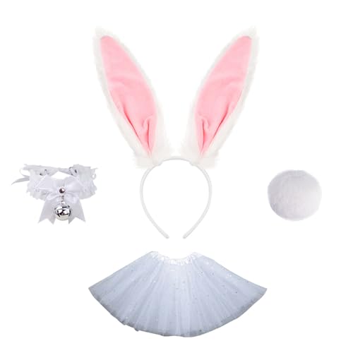 SANSIWU Osterhasen-Kostüm-Zubehör für Damen, Hasenohren, Stirnband, Tüllrock, Schwanz, Halsband, Halsband, 4-teiliges Set (weiß, Einheitsgröße) von SANSIWU