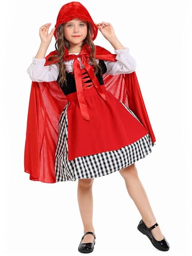 SANSIWU Rotkäppchen-Kostüm für Mädchen, Halloween-Kostüm, Welttag des Buches, Party, Verkleidung mit kurzem Umhang, Rot, 130 SANSIWU Rotkäppchen-Kostüm für Mädchen, Halloween-Kostüm, Welttag des Buches, Party, Verkleidung mit kurzem Umhang, Rot, 130 von SANSIWU