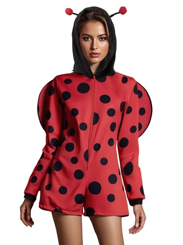 SANSIWU Süßes Marienkäfer-Kostüm für Damen, langärmelig, Reißverschluss, Kapuzen-Shorts, Jumpsuit, lustig, Halloween, Marienkäfer, Tier, Cosplay (A-Red, L) von SANSIWU